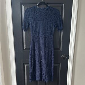 Lulu's Blue Sheath Midi Dress with Mock Neck for Weddings